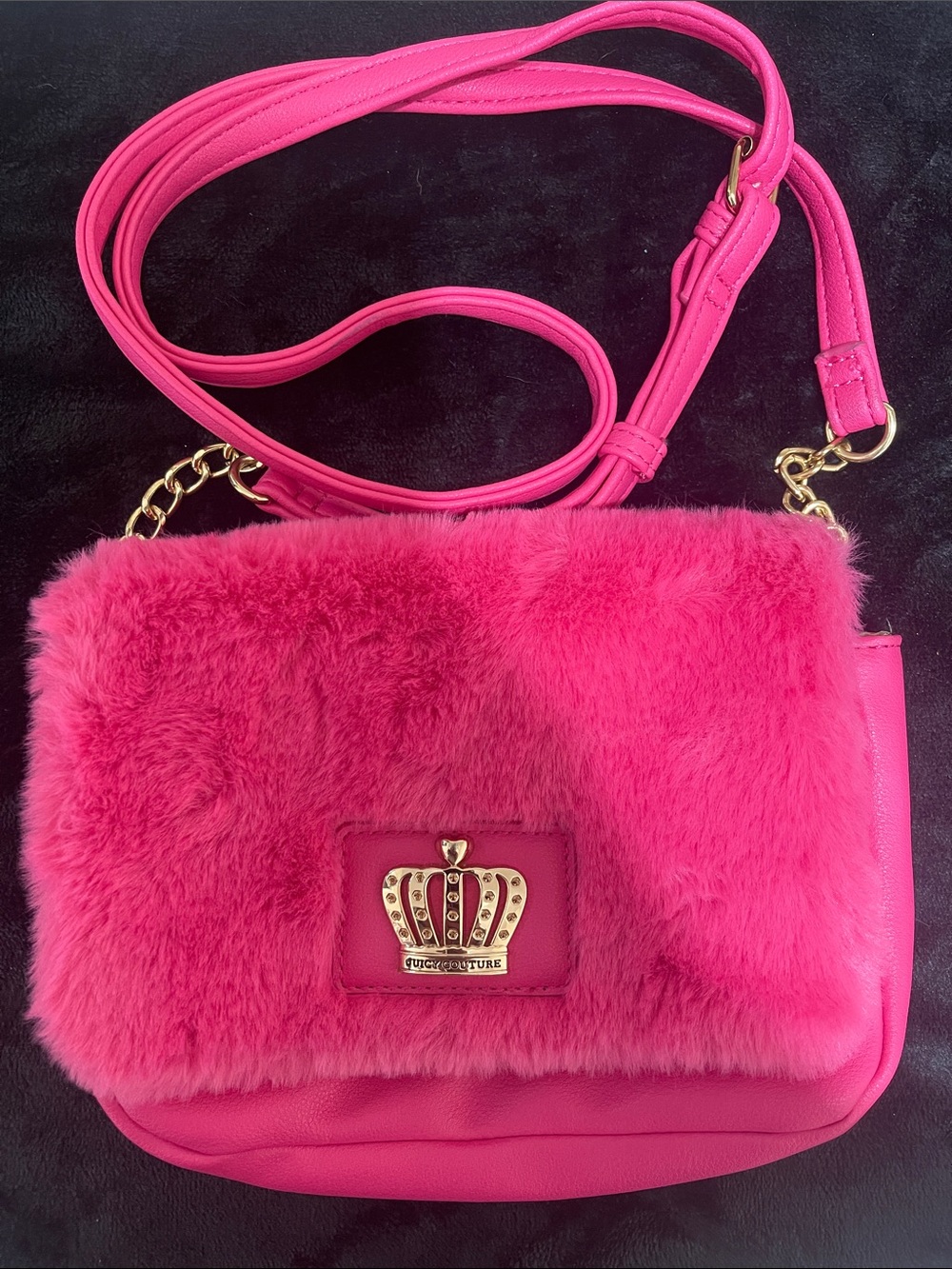 Juicy Couture Bright Pink Faux Fur Crossbody with Gold Crown Accent